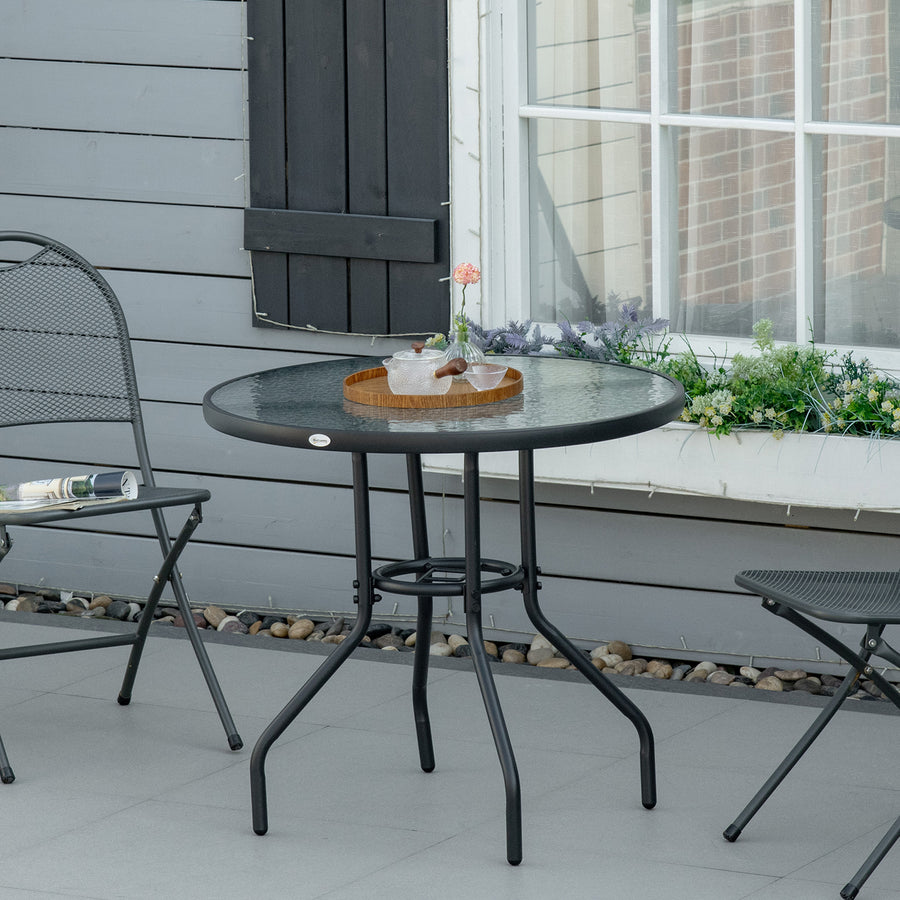 Outdoor φ80cm Round Dining Table Tempered Glass Top Steel Frame Bistro Coffee End Side Table Garden w/ Parasol Hole
