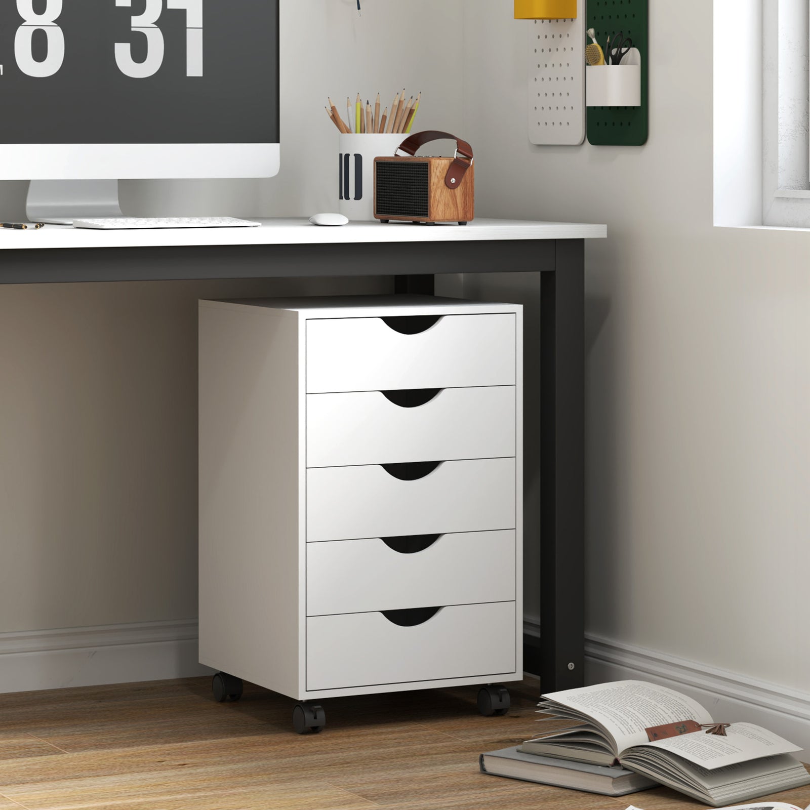 5 Drawer Mobile Filing Cabinet, Vertical File Cabinet, Modern Rolling Office Storage Organizer Cupboard, White