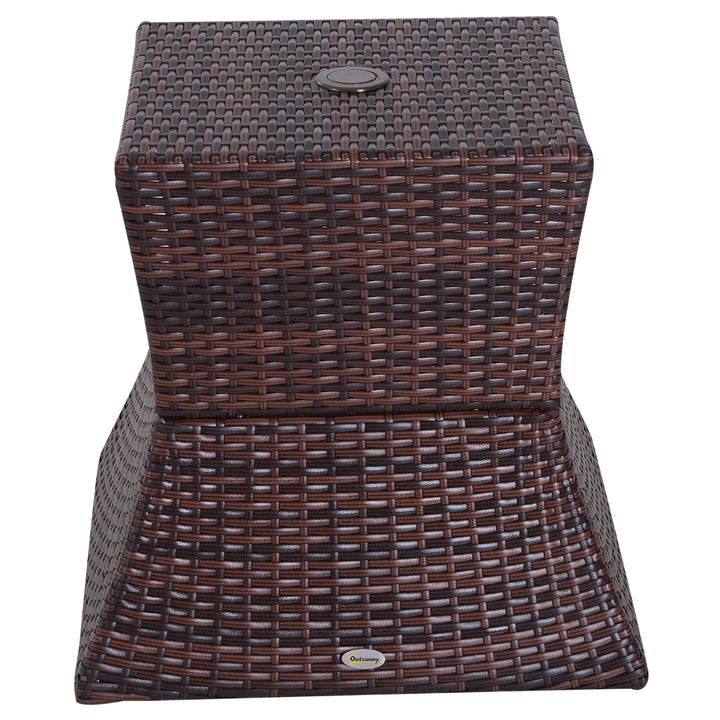 Rattan Outdoor Coffee Table, Wicker Garden Patio Bistro Side Table with Umbrella Hole and Storage Space for Balcony, Porch, Brown