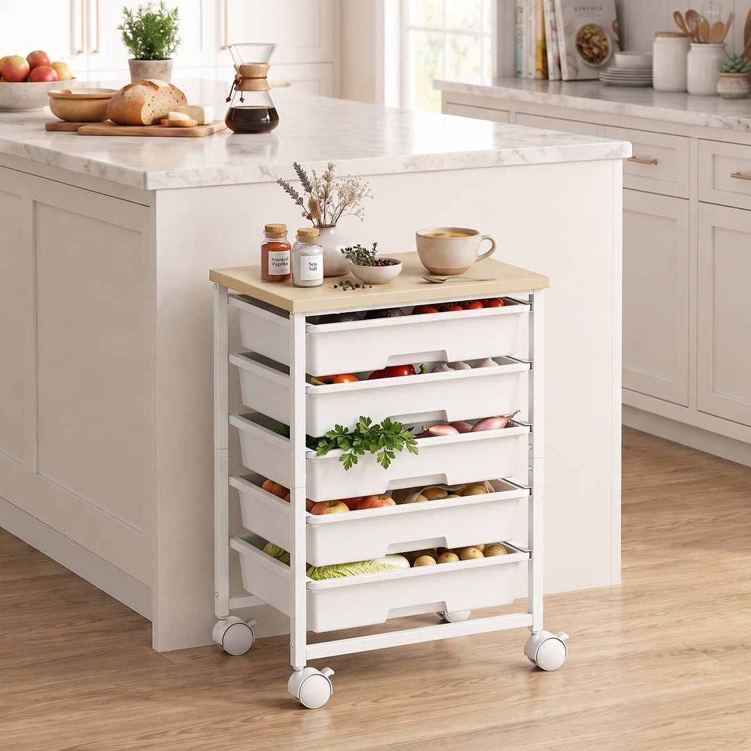 6-Tier Storage Trolley on Wheels, Metal Kitchen Rolling Cart with 5 Pu