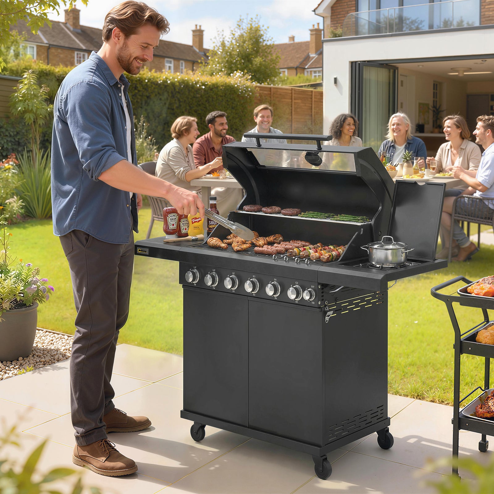 6+1 Burner Gas BBQ Grill, Outdoor Barbecue Trolley with Wheels, Warmin