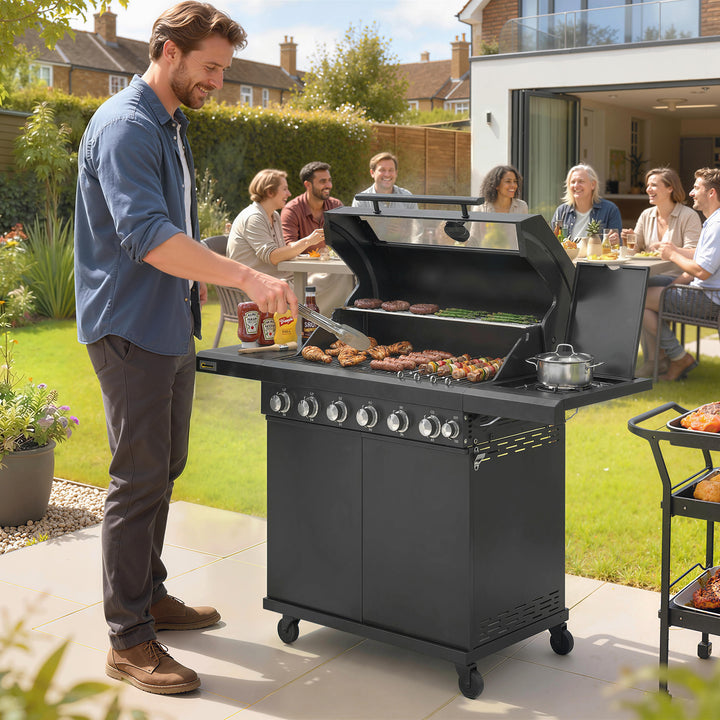 6+1 Burner Gas BBQ Grill, Outdoor Barbecue Trolley with Wheels, Warmin