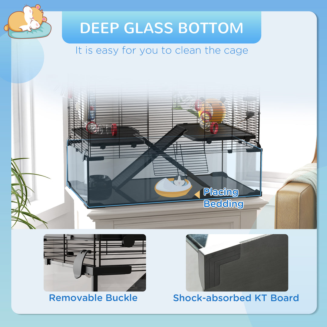 Gerbil Cage, Dwarf Hamster Cage, with Deep Glass Bottom, Tunnels, Ramps, Hut, Exercise Wheel, 78.5 x 48.5 x 57cm