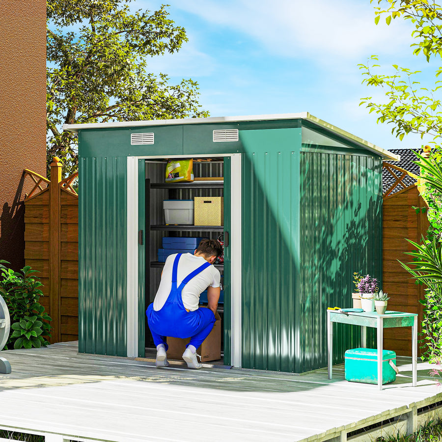 7 x 4ft Outdoor Storage Shed with Foundation Kit, Lean to Metal Garden Shed for Log, Rubbish Bin, Tool, Lawnmower, Bike, Patio and Lawn Use, Green