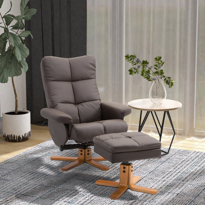 Recliner Armchair, Swivel Reclining Chair With Ottoman, Swivel Faux Leather Chair with Wooden Base and Storage Footstool for Living Room