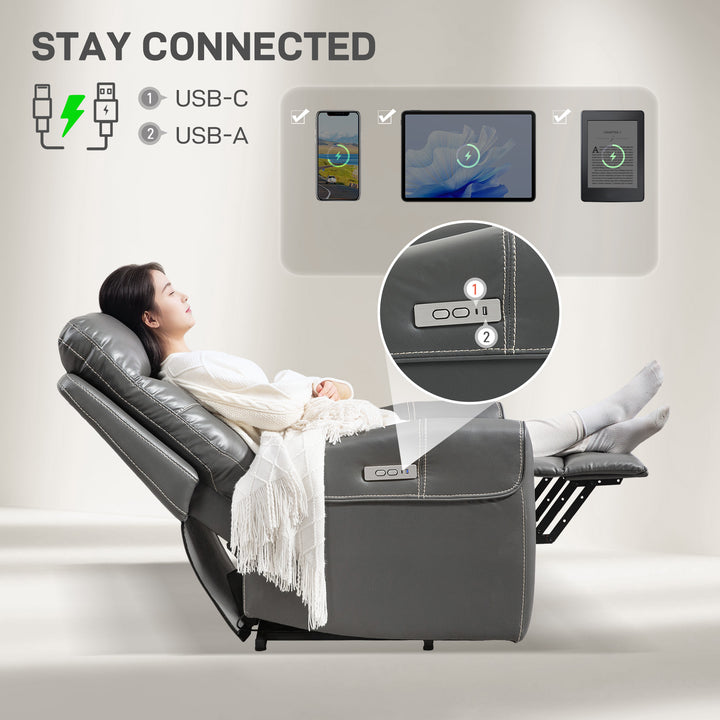 Power Lift Recliner Chair for Elderly, Overstuffed Faux Leather Riser and Reclining Chair with USB A+C Ports, Remote Control, Recliner Armchair for Living Room, Charcoal Grey
