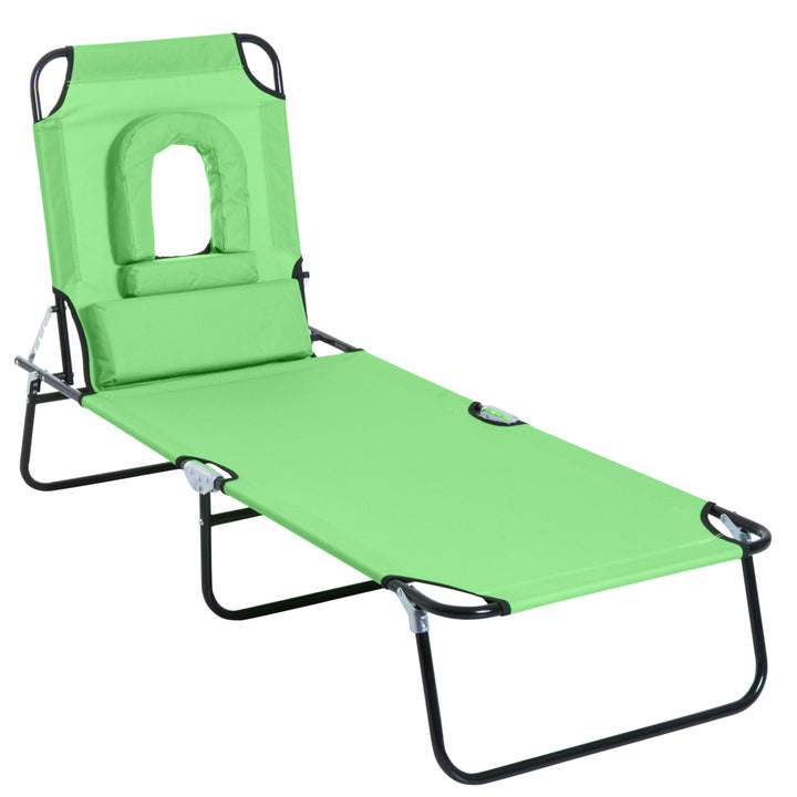 Outdoor Folding Sun Lounger with Face Hole, 4 Level Adjustable Backrest Reclining Garden Lounger, Garden Recliner Sunbed with 600 D Oxford Cloth Seat and Pillow for Beach, Green