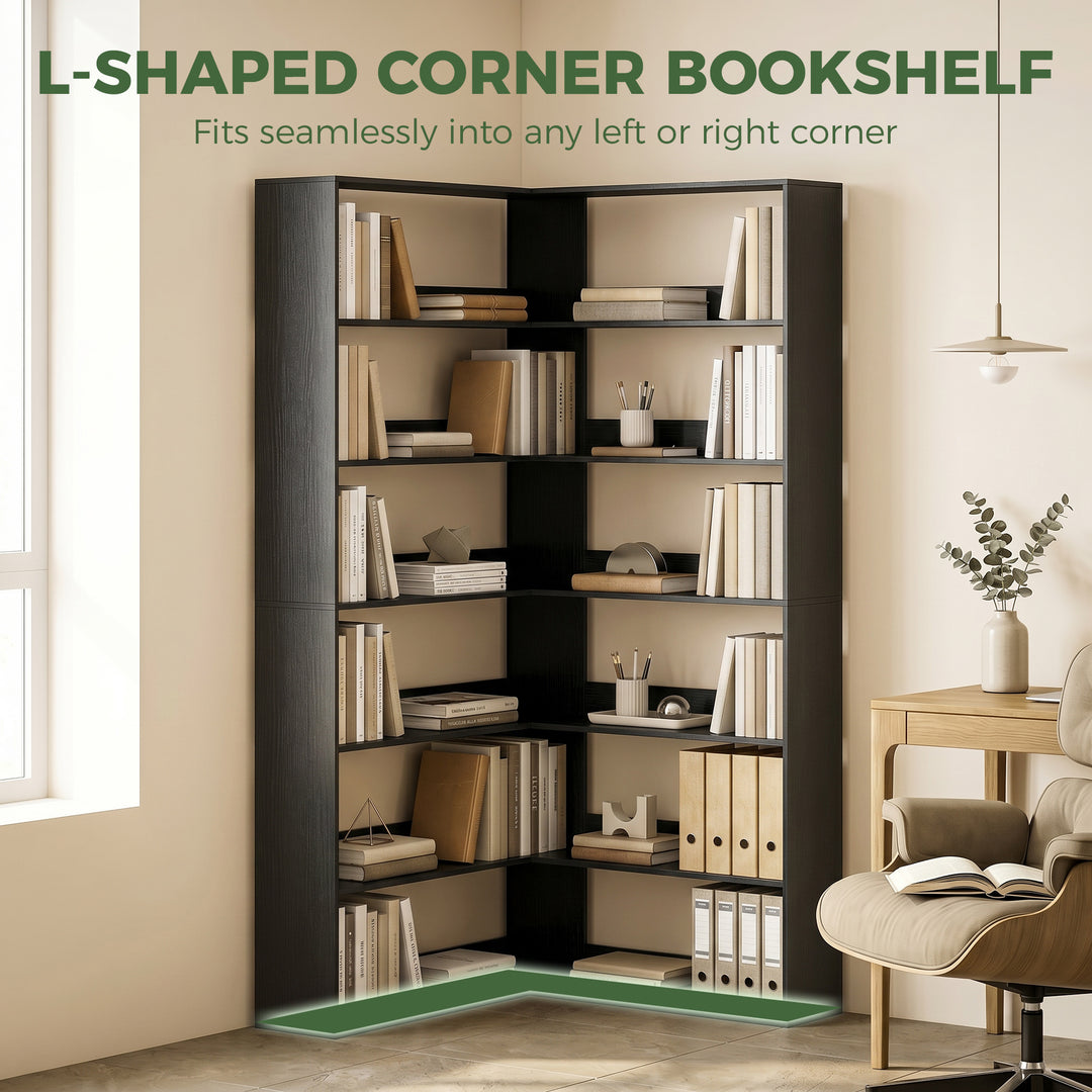 7 Tiers Bookshelf, L-Shaped Corner Bookcase with Anti-Slip Rear Guard,