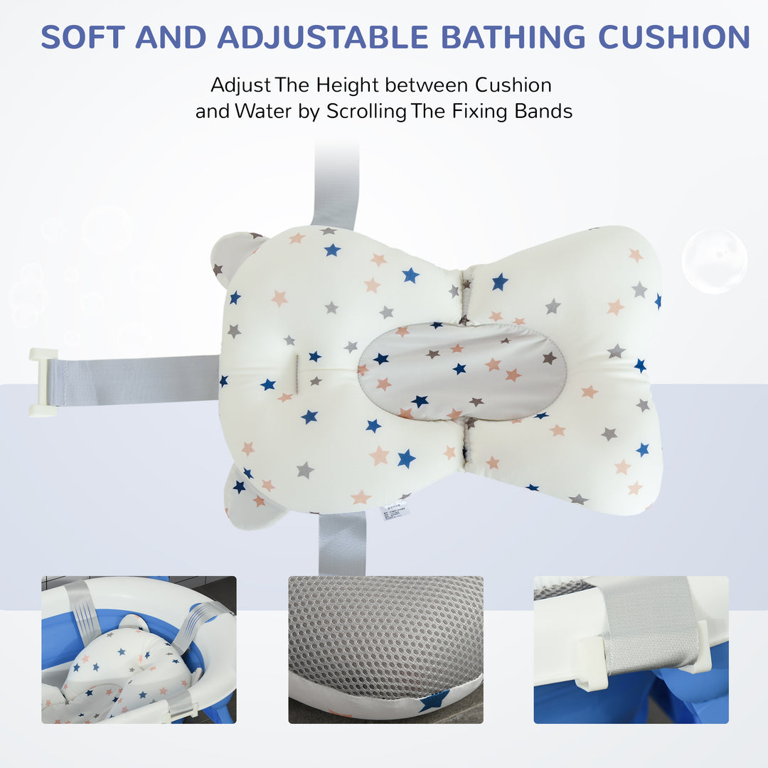 Foldable Baby Bathtub Set, Collapsible Bath Tub with Thermostatic Water Plug, Non-Slip Support, Cushion Pad, Drain Plugs, for Newborn to 3 Years - Blue