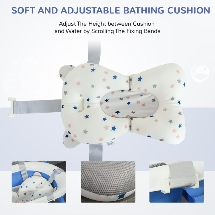 Foldable Baby Bathtub Set, Collapsible Bath Tub with Thermostatic Water Plug, Non-Slip Support, Cushion Pad, Drain Plugs, for Newborn to 3 Years - Blue