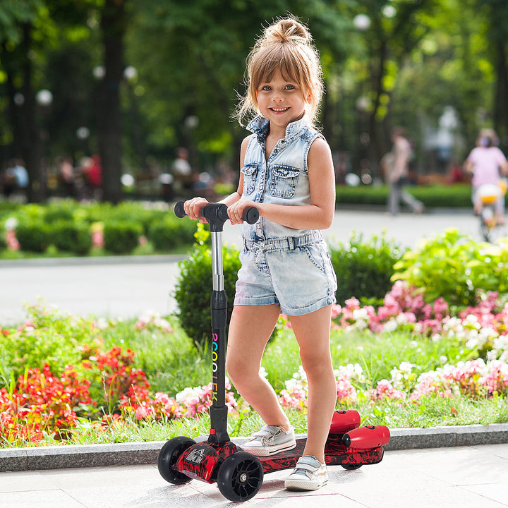 HOMCOM Kids 3 Wheel Kick Scooter Adjustable Height w/ Flashing Wheels Music Water Spray Foldable Design Cool On Off Road Vehicle Red