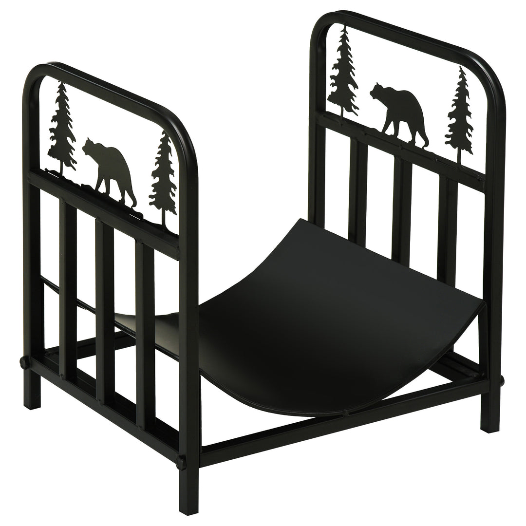 Metal Firewood Log Holder Indoor Outdoor Firewood Rack Inner Arced Fireplace Wood Storage Shelf w/ Bear Shape Design, Rust-Resistant, Black, 42W x 33.5D x 43H cm