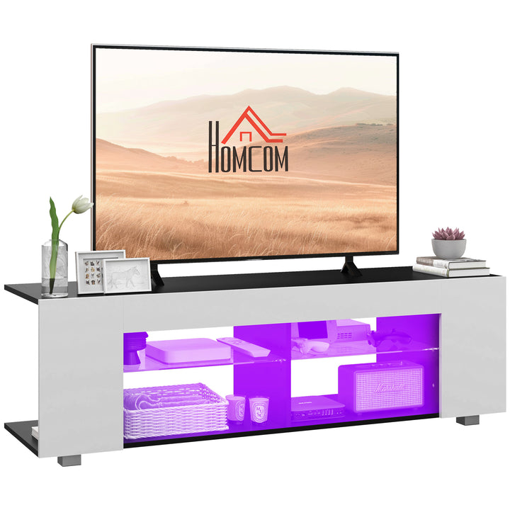 HOMCOM TV Stand, 145cm Modern TV Unit with Glass Shelves, RGB LED Light for 32 40 43 50 52 55 60 inch 4k TV, White