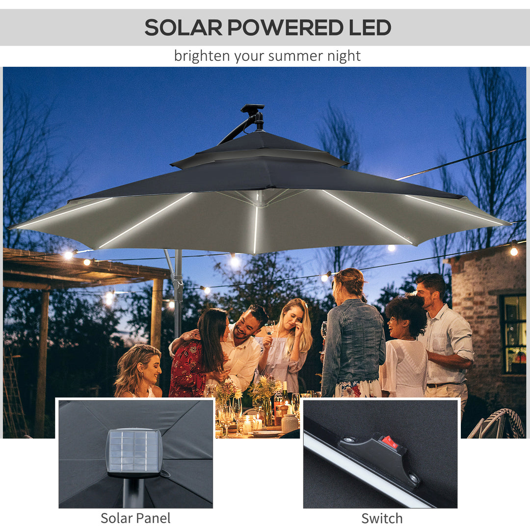 3(m) Cantilever Banana Parasol Hanging Umbrella with LED Solar lights, Crank, 8 Sturdy Ribs and Cross Base for Outdoor, Garden, Patio, Black