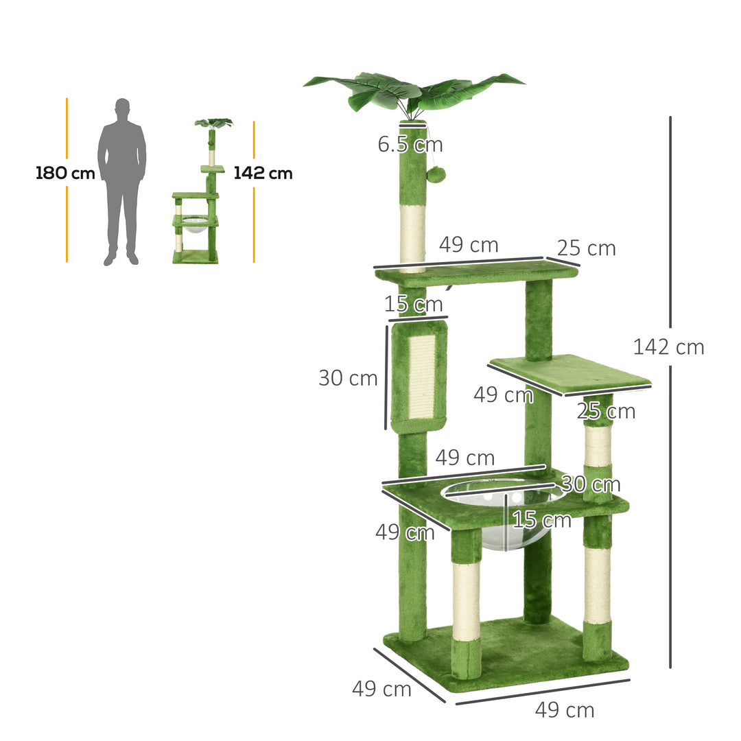 PawHut 142cm Cat Tree Tower, with Scratching Post, Hammock, Toy Ball, Platforms