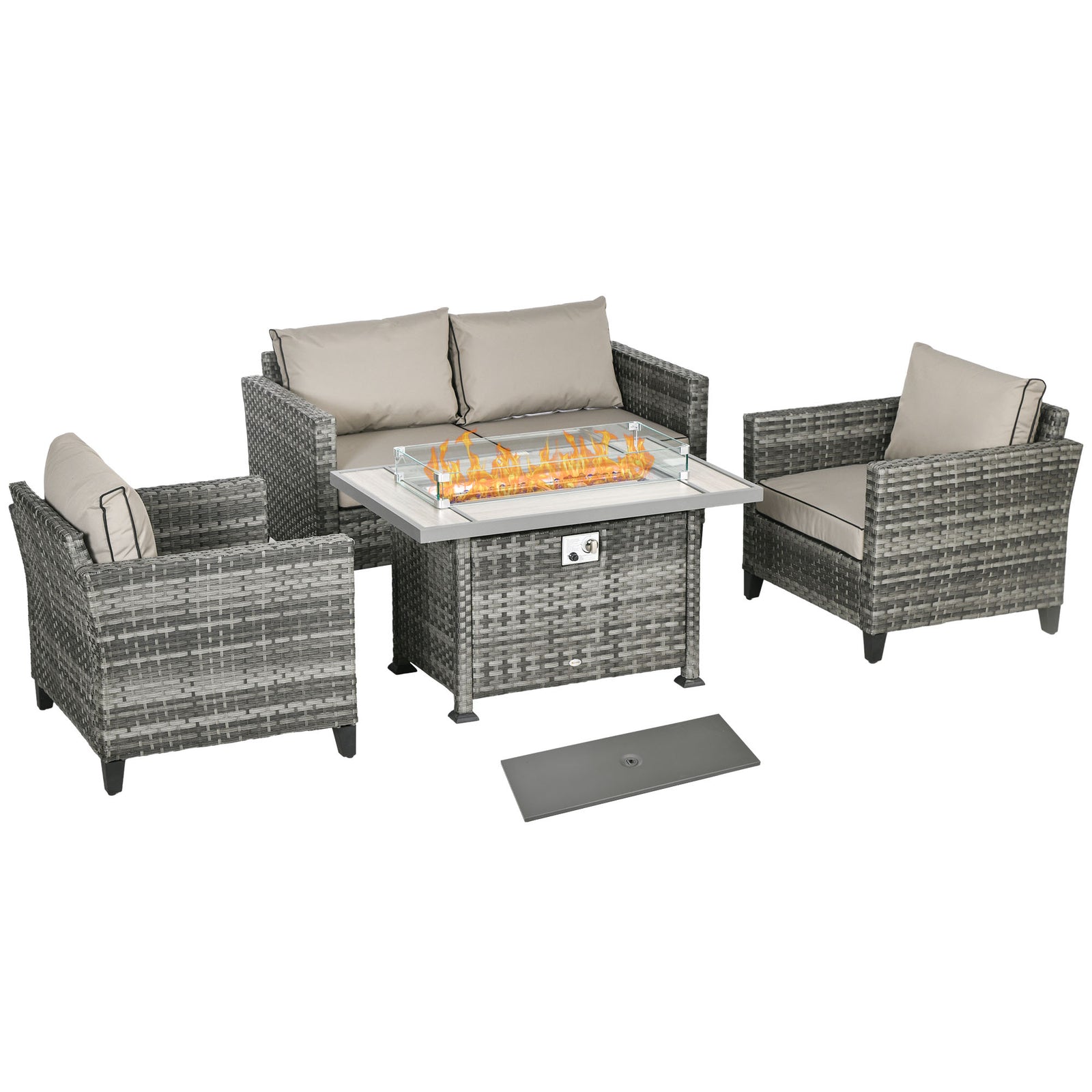 5-Piece Rattan Patio Furniture Set with Gas Fire Pit Table, Loveseat Sofa, Armchairs, Cushions, Pillows, Grey