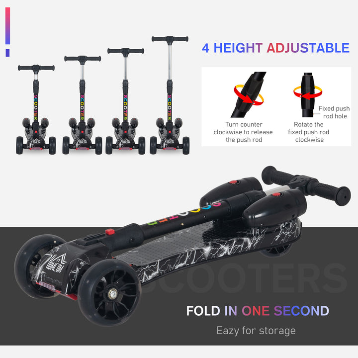 HOMCOM Kids 3 Wheel Scooter Adjustable Height w/ Flashing Wheels Music Water Spray Foldable Design Cool On Off Road Vehicle Black | Aosom UK