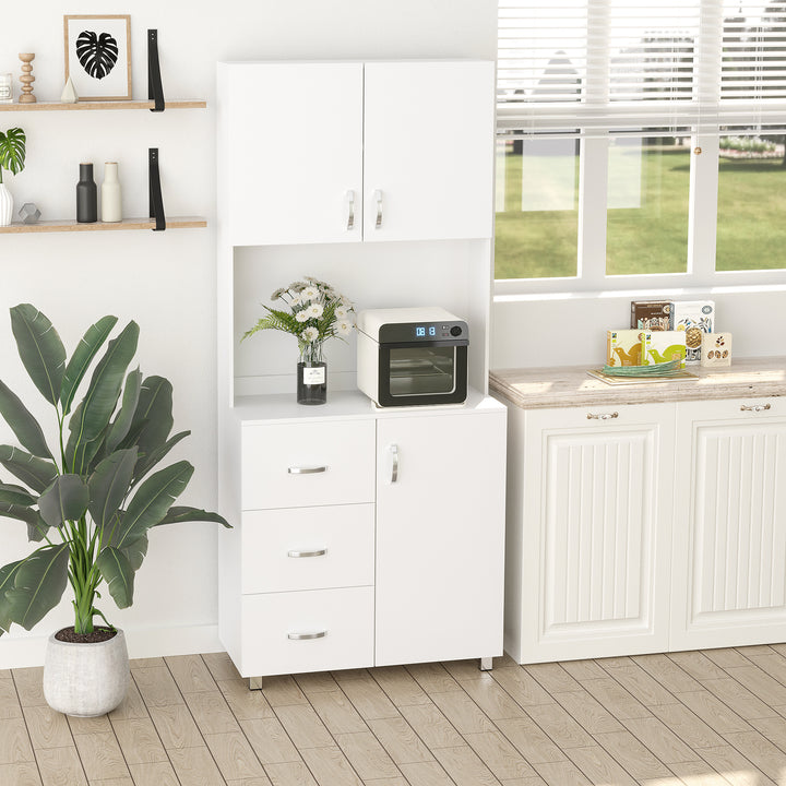 Free standing Kitchen Cupboard, Storage Cabinet with Doors and Sheleves, 3 drawers and Open Space, Adjustable Height Storage Unit, White