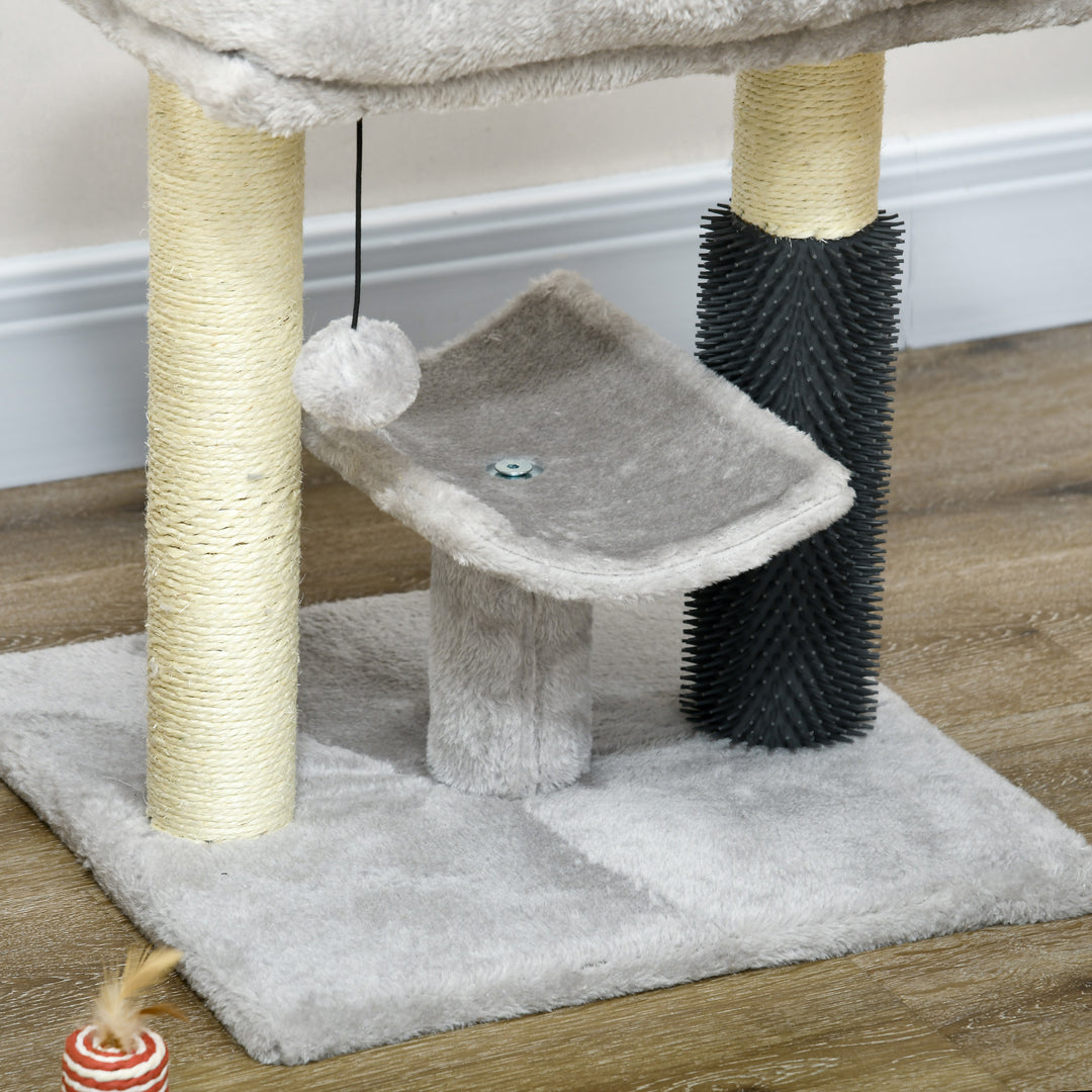 PawHut Cat Tower, 48cm Tree with Self Groomer, Scratching Post & Hanging Ball, Perches, Grey