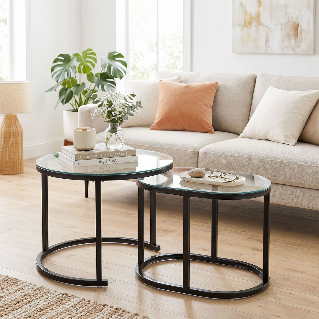 Nest of Tables with Steel Frame and Tempered Glass Tabletop, Modern Co