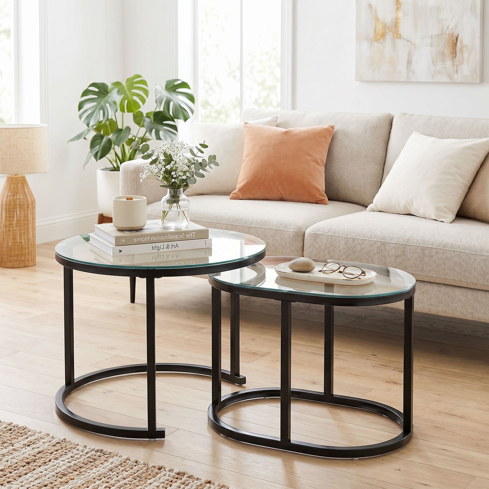 Nest of Tables with Steel Frame and Tempered Glass Tabletop, Modern Co