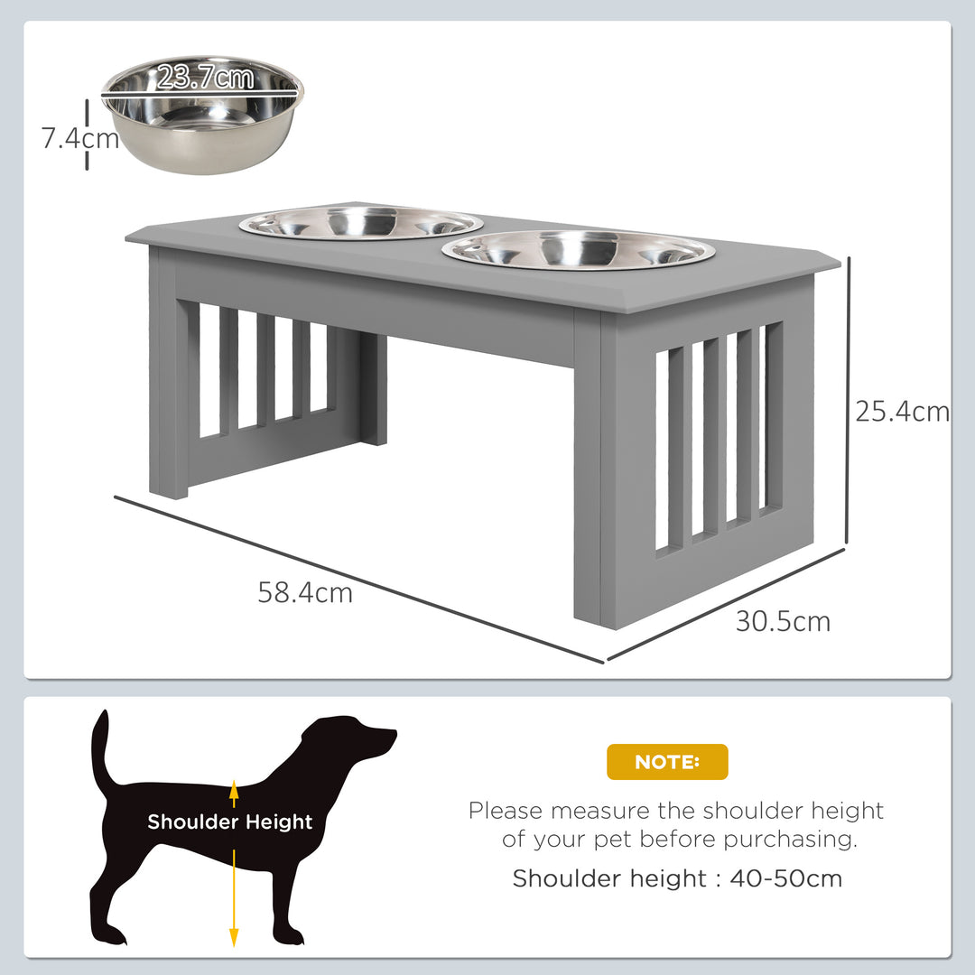 Raised Dog Feeding Bowls with Stand, Stainless Steel for Medium Dog, 58L x 31W x 25H cm - Grey