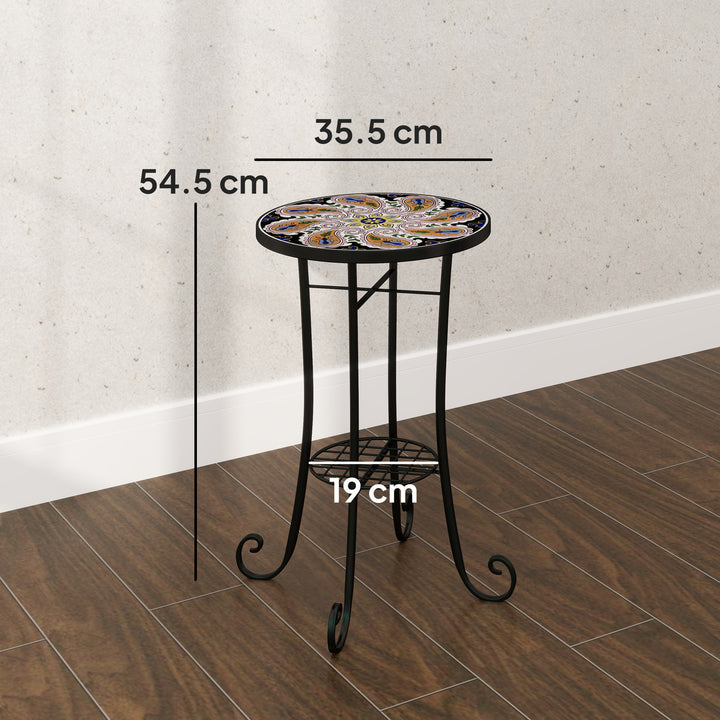 Mosaic Garden Table, 35.5 cm Round Outdoor Table with Shelf, Ceramic Tile Top, Small Garden Side Table Bistro Table End Table Plant Stand for Indoor, Patio, Balcony, Orange