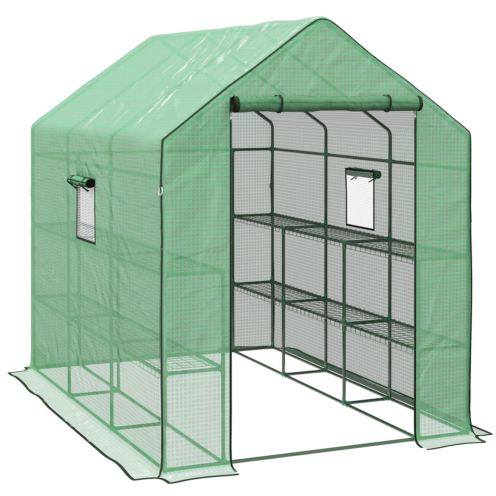 Walk-in Greenhouse with 3 Tier 12 Shelves, Small Greenhouse with Reinforced PE Cover, Garden Plant Growhouse with Roll-up Door and Three Mesh Windows, 140 x 213 x 190 cm, Green