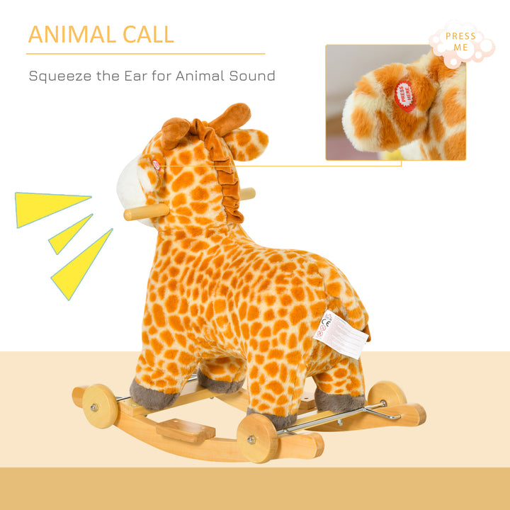 MCL 2 In 1 Kids Todder Rocking Horse Plush Ride On Giraffe Rocker with Wheels Wooden Base Animal Sounds for 3-6 Years