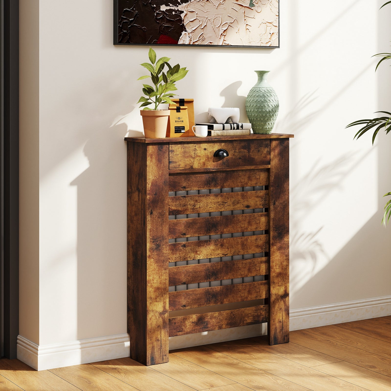95.5H x 78Wcm Radiator Cover, with Drawer - Rustic Brown