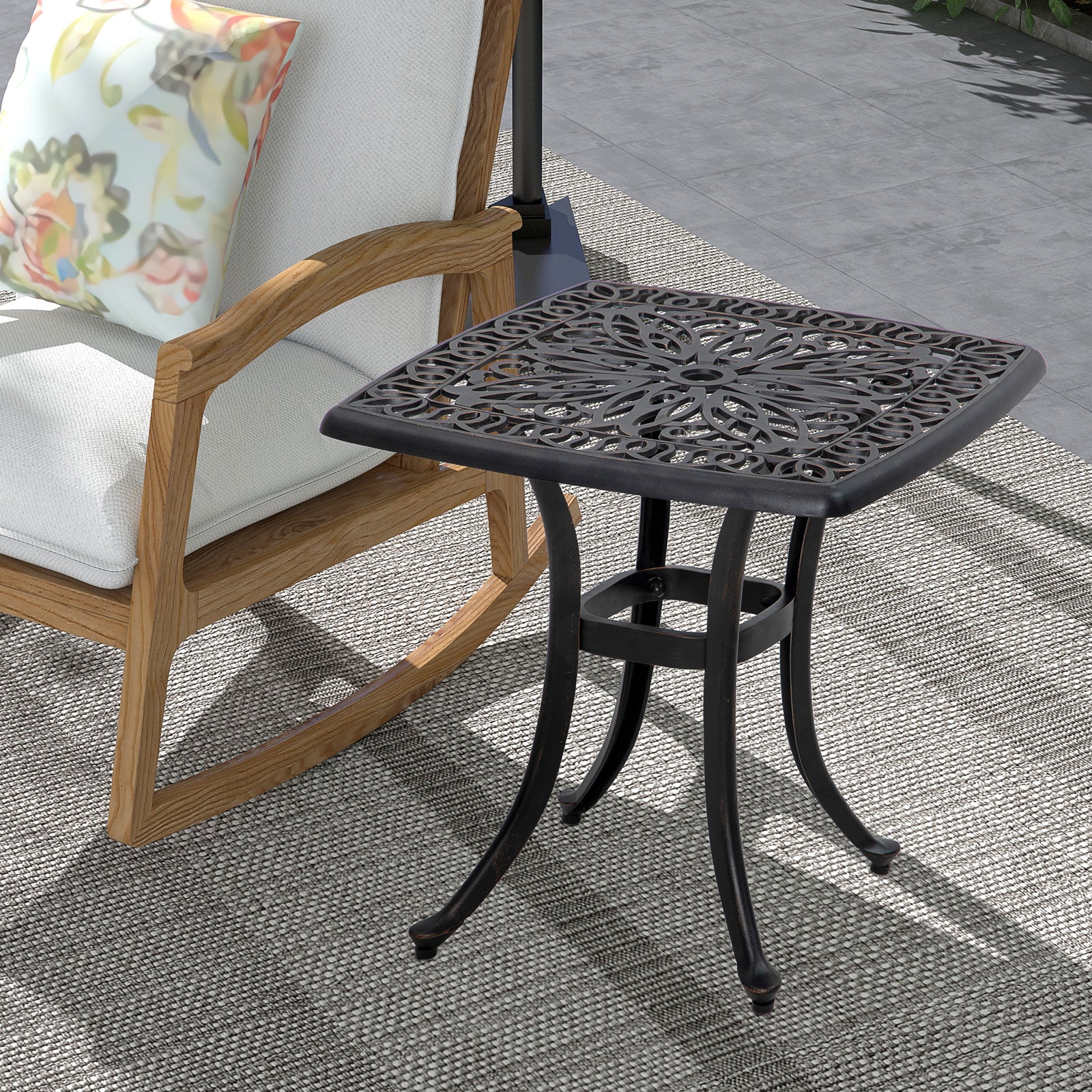 Cast Aluminium Bistro Table, Outdoor Square Side Table with Umbrella Hole, Garden Table for Balcony, Bronze Tone