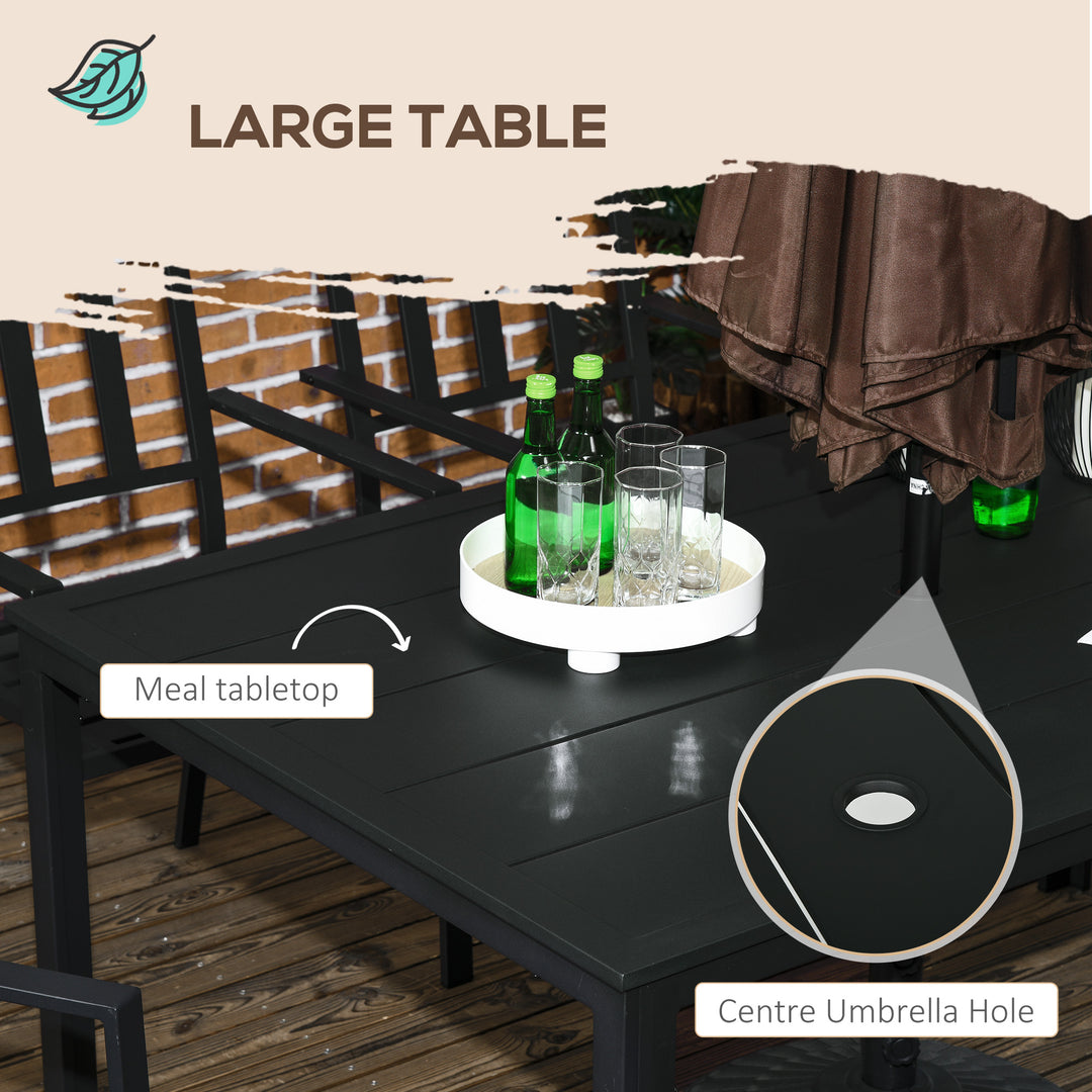 Outsunny 7 Pieces Garden Dining Set, Outdoor Table and 6 Stackable Chairs, Metal Top Table with Umbrella Hole, Black