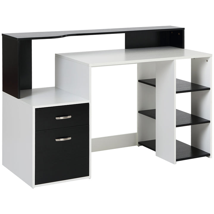 MCL Computer Desk with Drawers and Storage Shelves, Office Desk Writing Table with Printer Stand, Large Workstation for Study Play Work Home Office, 137 x 55 x 92cm, Black and White
