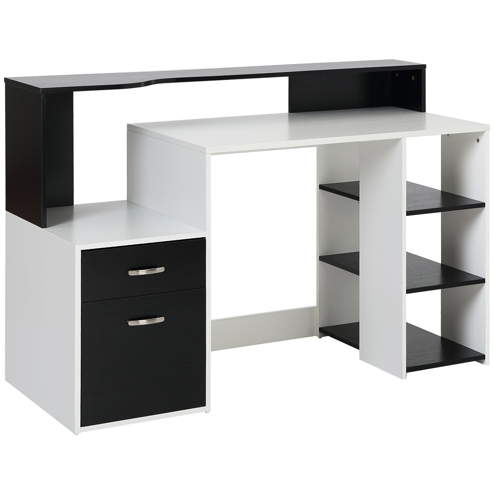Computer Desk with Drawers and Storage Shelves, Office Desk Writing Table with Printer Stand, Large Workstation for Study Play Work Home Office, 137 x 55 x 92cm, Black and White