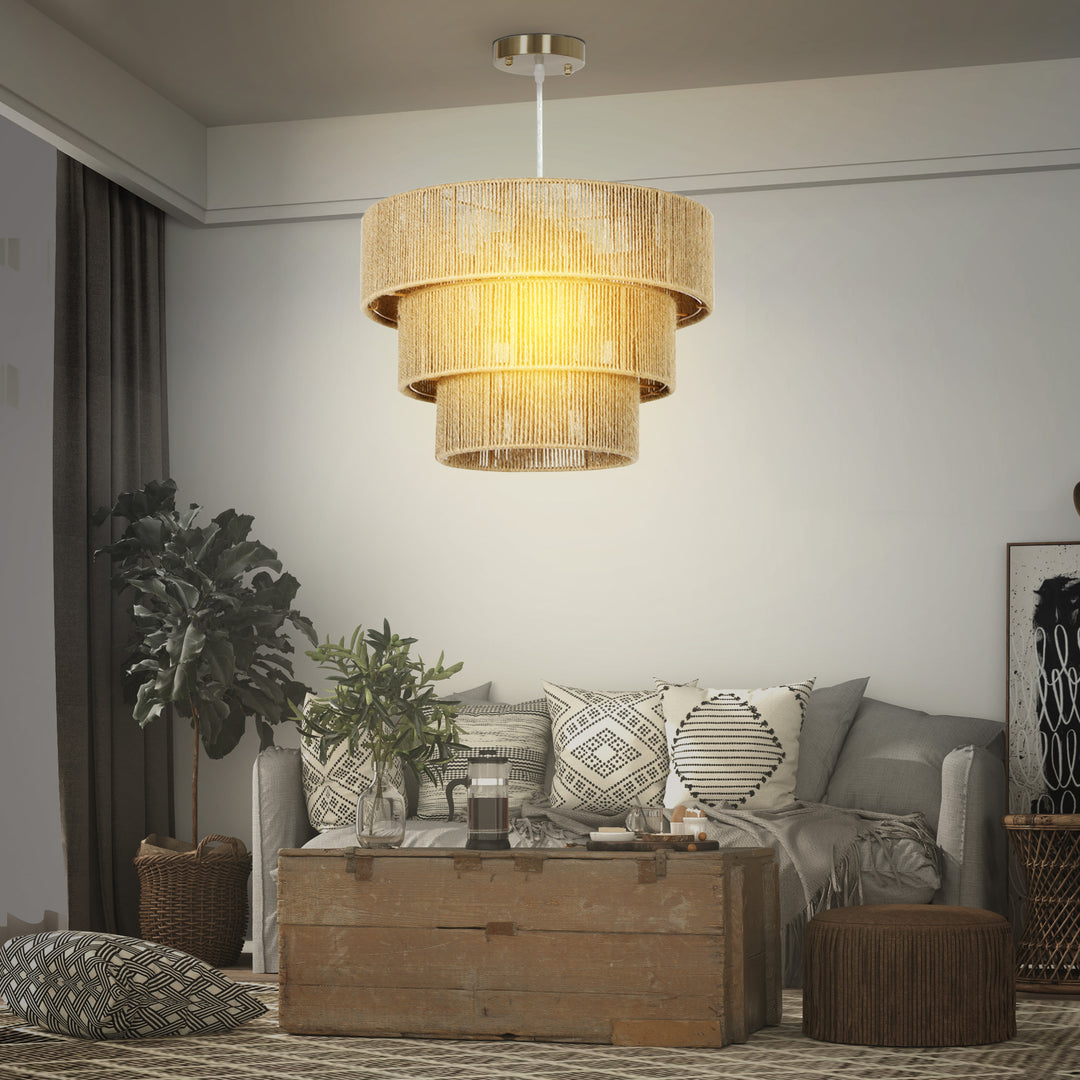 Hemp Rope Ceiling Light, 3-Layer Boho Pendant Light, E14 Vintage Ceiling Lamp Fixtures for Living Room, Bedroom, Kitchen, Hallway, Light Brown