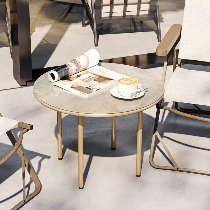 Round Coffee Table, Modern End Side Table with Faux Marble Tempered Glass Top, Steel Frame for Living Room, Bedroom, Office, Beige
