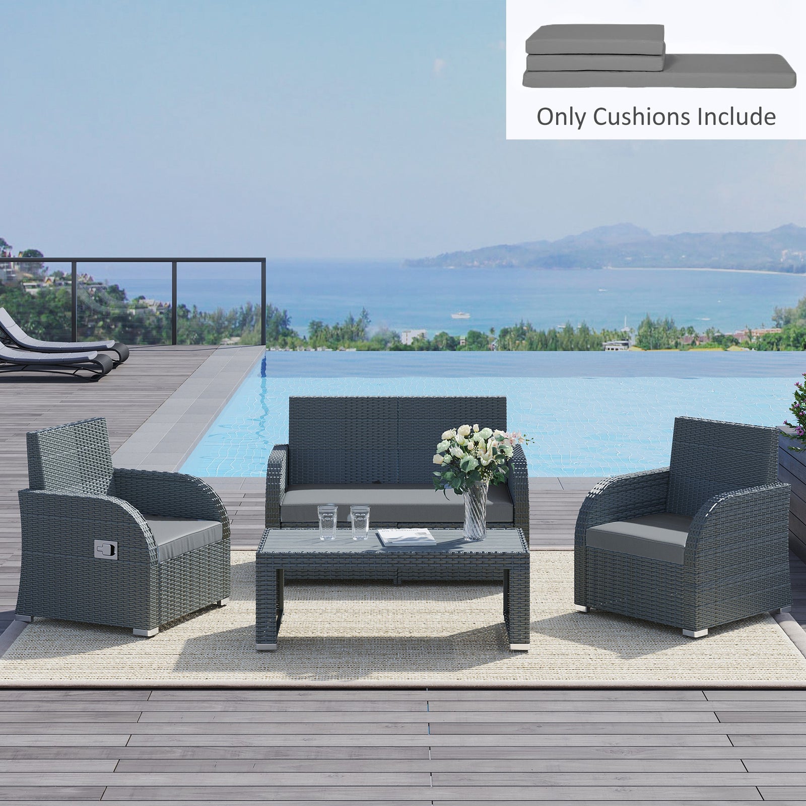 Outdoor Seat Cushion Pads for Rattan Furniture, 3 PCs Garden Furniture Cushions, Dark Grey
