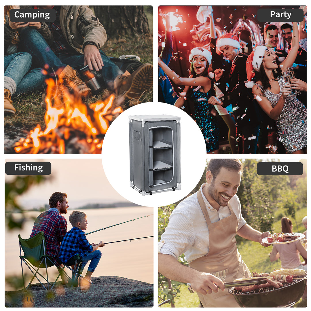 MCL 3-Shelf Camping Cupboard Camping Kitchen Station Cook Table, Storage Organiser for BBQ Party Picnics Backyards with Carrying Bag, Grey