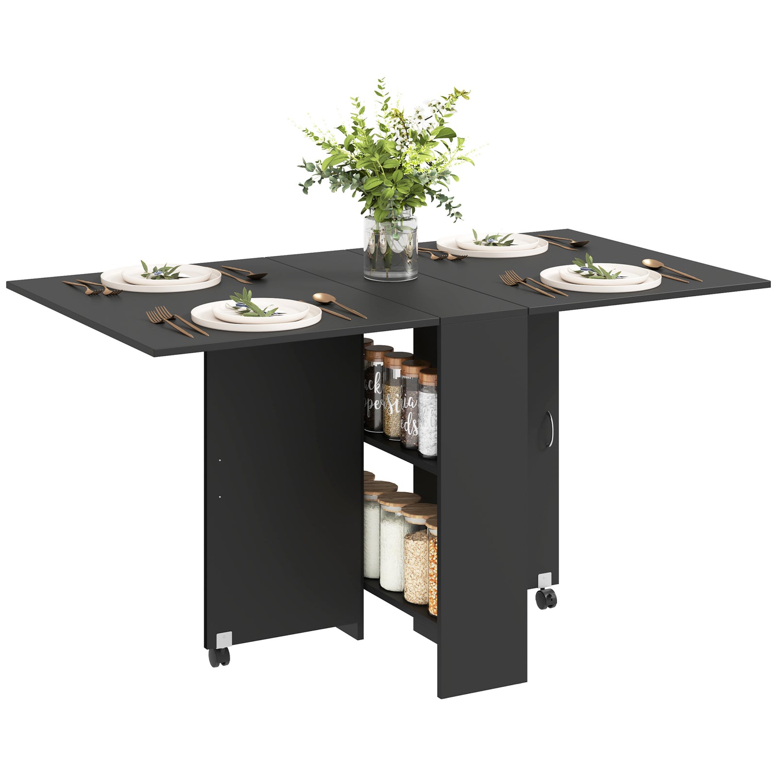Foldable Dining Table, Extendable Drop Leaf Table with 2-tier Shelves, Small Dinner Table with Rolling Casters
