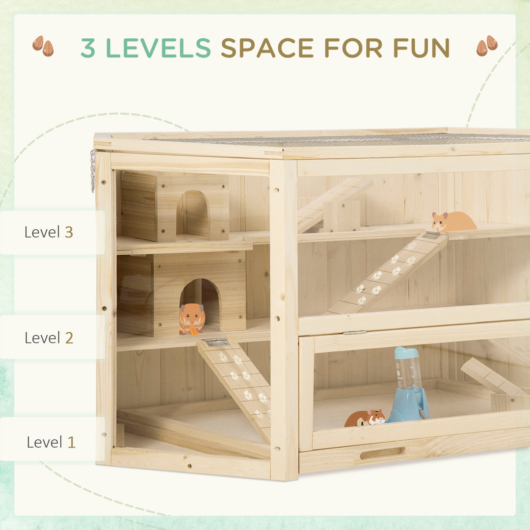 3 Tier Wooden Large Hamster Cage with Sliding Tray, Seesaws, Water Bottle, Natural