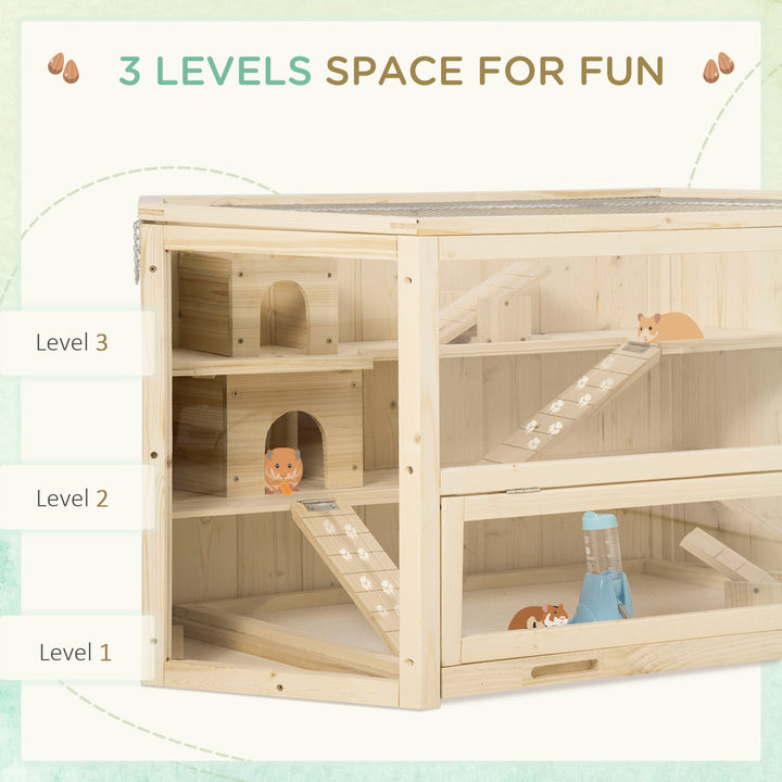 3 Tier Wooden Large Hamster Cage with Sliding Tray, Seesaws, Water Bottle, Natural