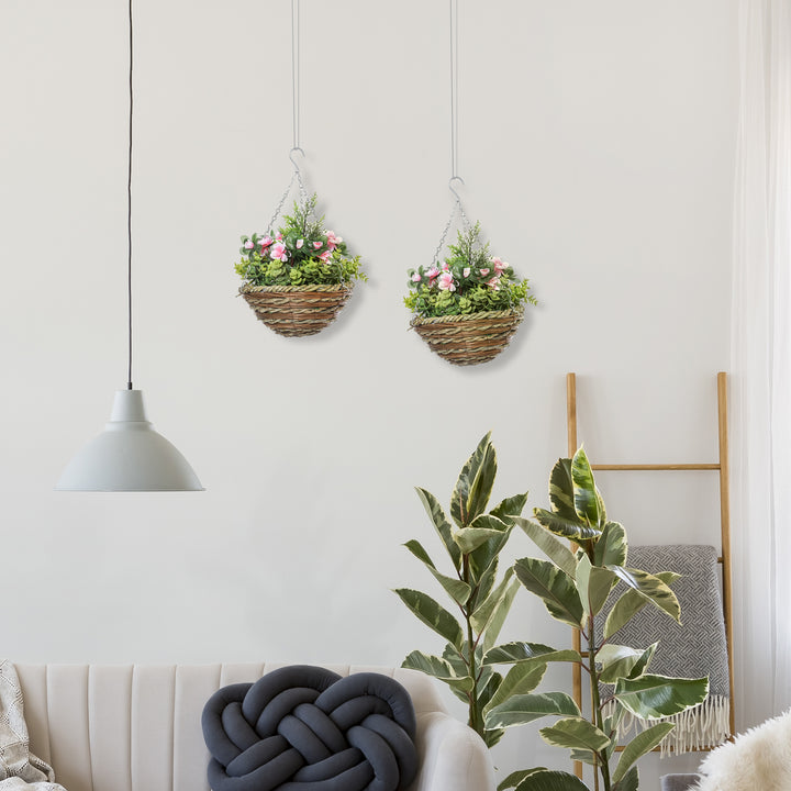 Set of Two Hanging Lisianthus Flower Pots - Pink/Green