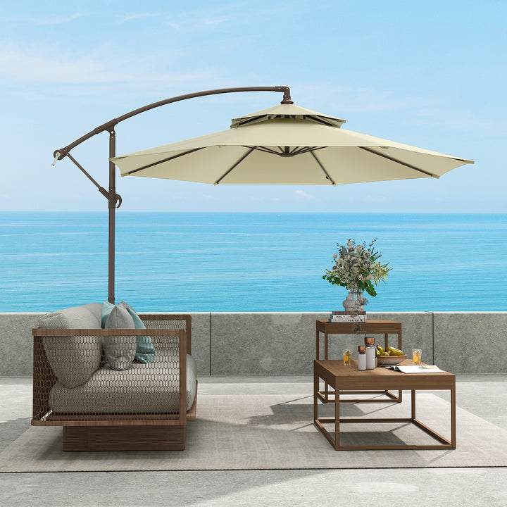 MCL 2.7m Garden Banana Parasol Cantilever Umbrella with Crank Handle, Double Tier Canopy and Cross Base for Outdoor, Hanging Sun Shade, Beige