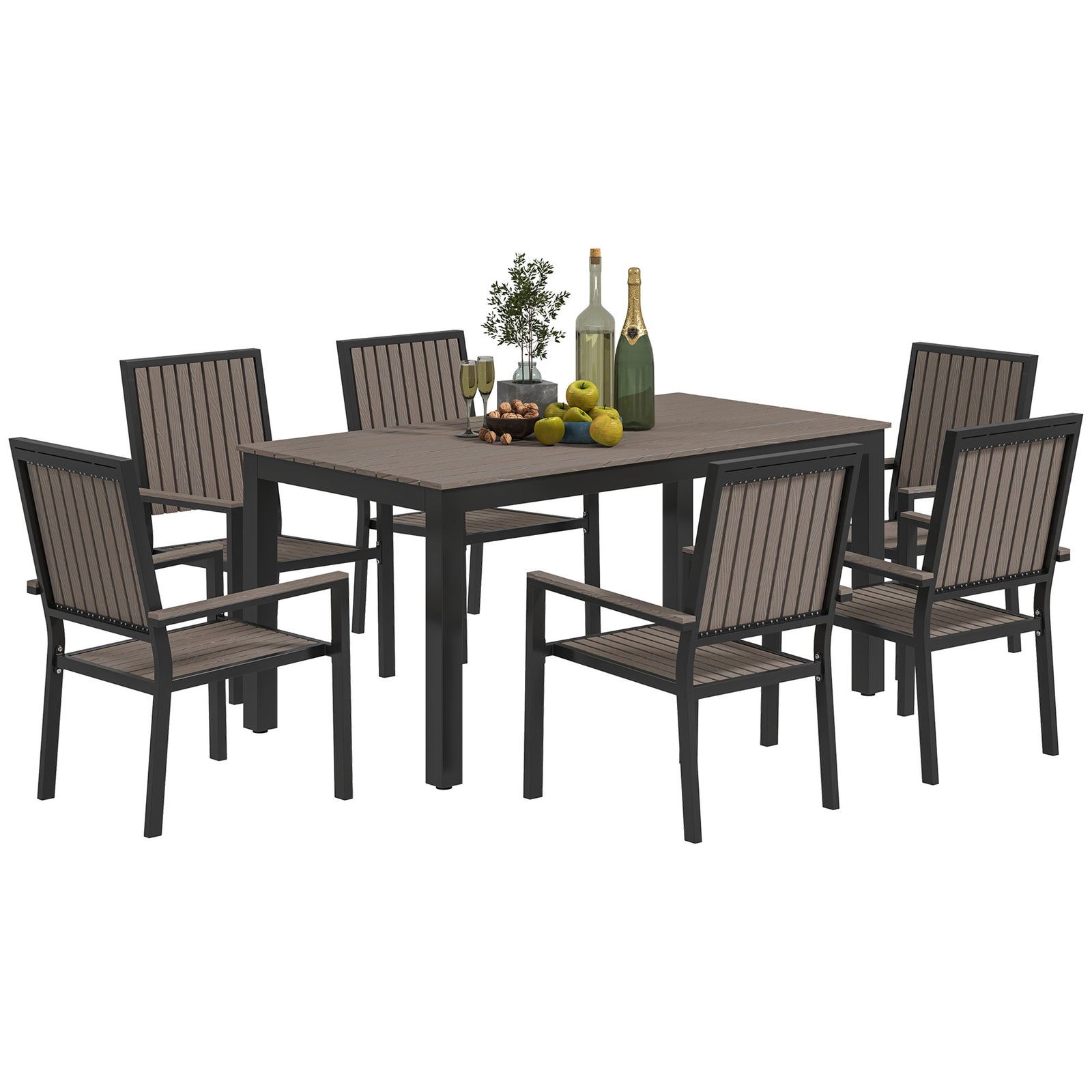 6 Seater Garden Dining Set with Stackable Chairs, Aluminium Frame, Rectangular Plastic Top, Garden Furniture Set, Outdoor Dining Table and Chairs for Patio, Balcony, Poolside, Brown