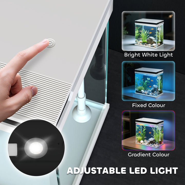 14L Glass Fish Tank With Filter System, LED Lights, Water Pump, White