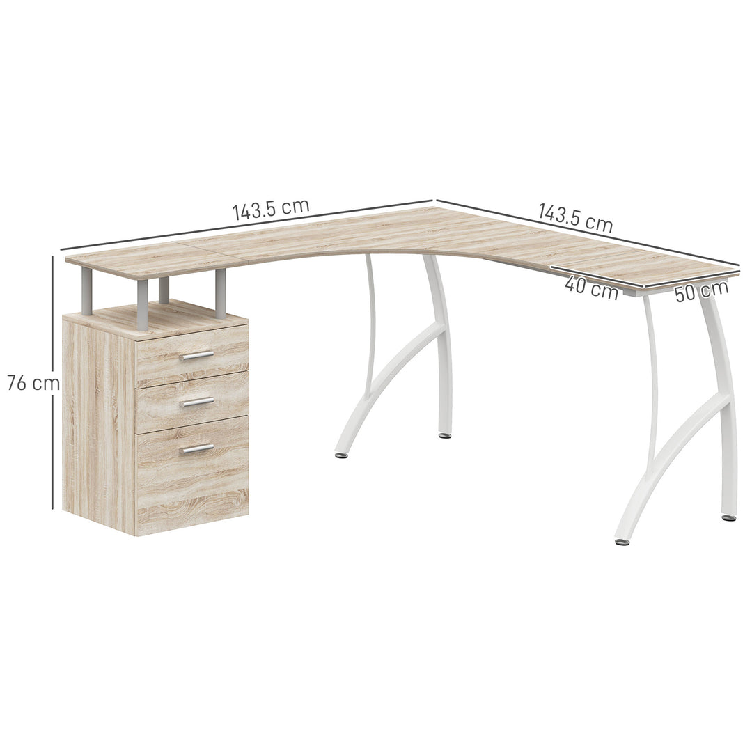L-Shaped Computer Desk Table with Storage Drawer, Home Office Desk Corner Industrial Style Workstation for A4 Files 143.5 x 143.5 x 76cm, Oak