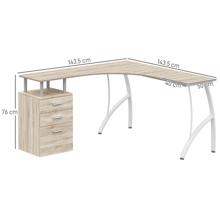 L-Shaped Computer Desk Table with Storage Drawer, Home Office Desk Corner Industrial Style Workstation for A4 Files 143.5 x 143.5 x 76cm, Oak