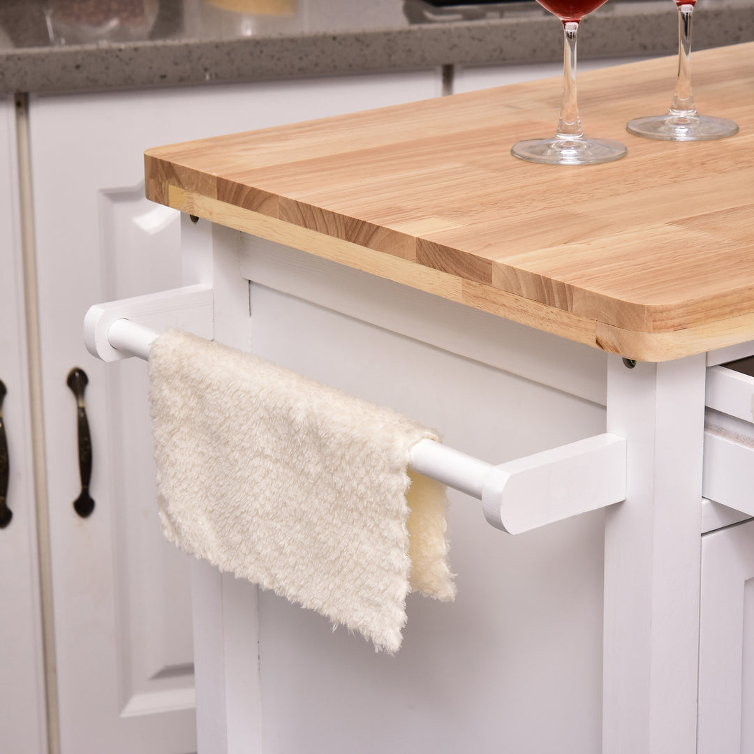 Kitchen Storage Trolley Cart Rolling Wheels Shelves Cupboard W/ Drawer And Towel Rail Rubber Wood Worktop White