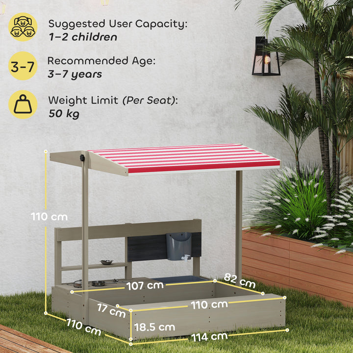 Kids Wooden Sandbox w/ Canopy, Kitchen Toys, Seat, Storage, for Ages 3-7 Years