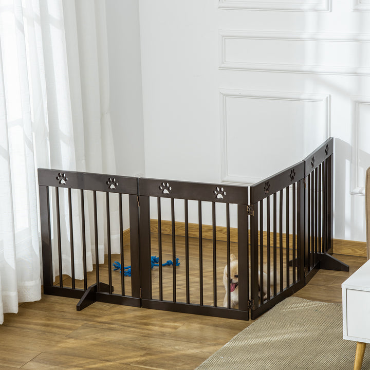 MCL Freestanding Pet Gate 4 Panel Wooden Dog Barrier Folding Safety Fence with Support Feet up to 204cm Long 61cm Tall for Doorway Stairs Brown